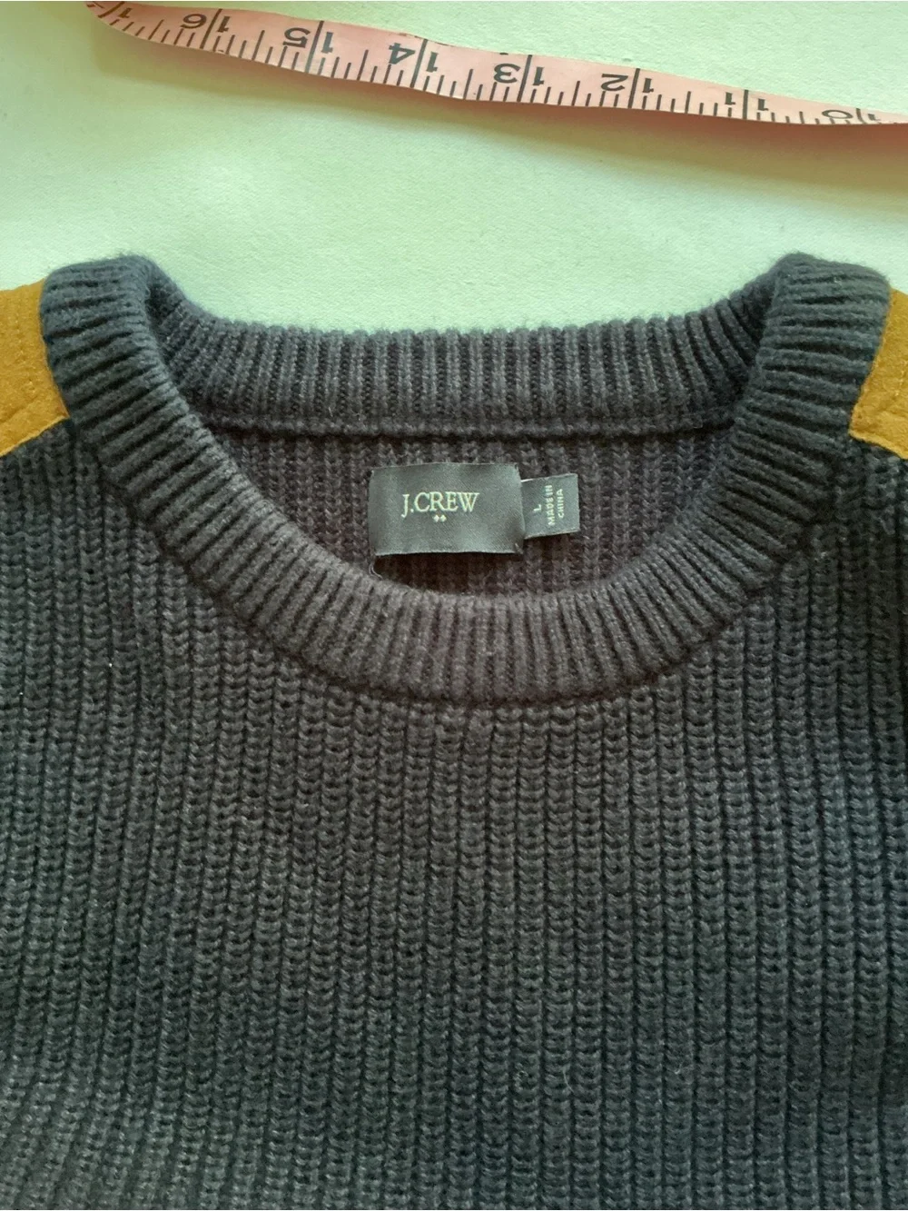 J. Crew Woodsman Navy Crewneck Sweater with Tan Shoulder Patches